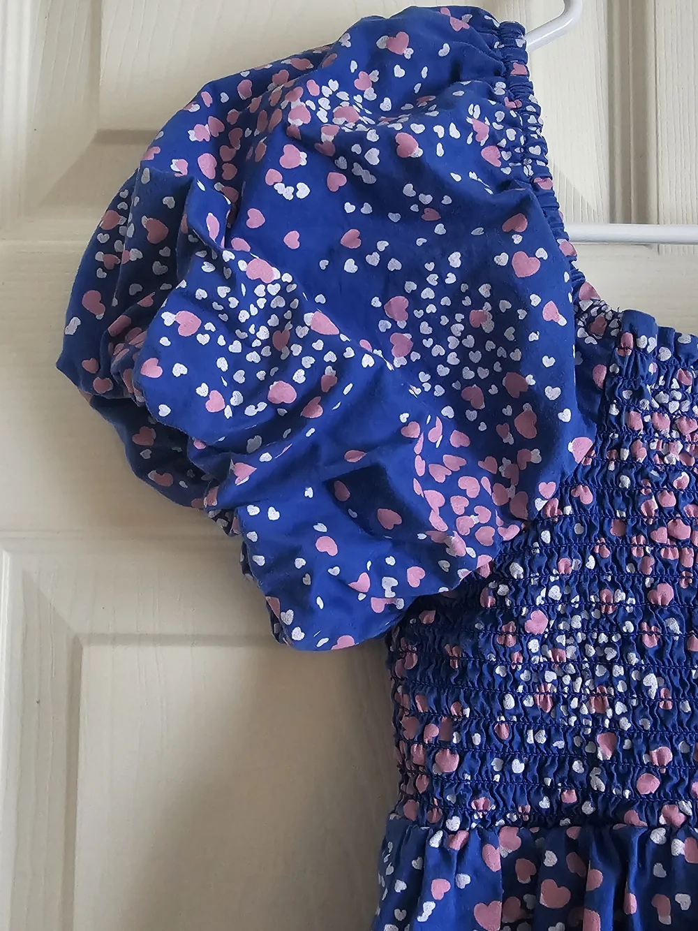 Crown & Ivy Kids Blue Smocked Puff Sleeve Heart Print Dress | Size L